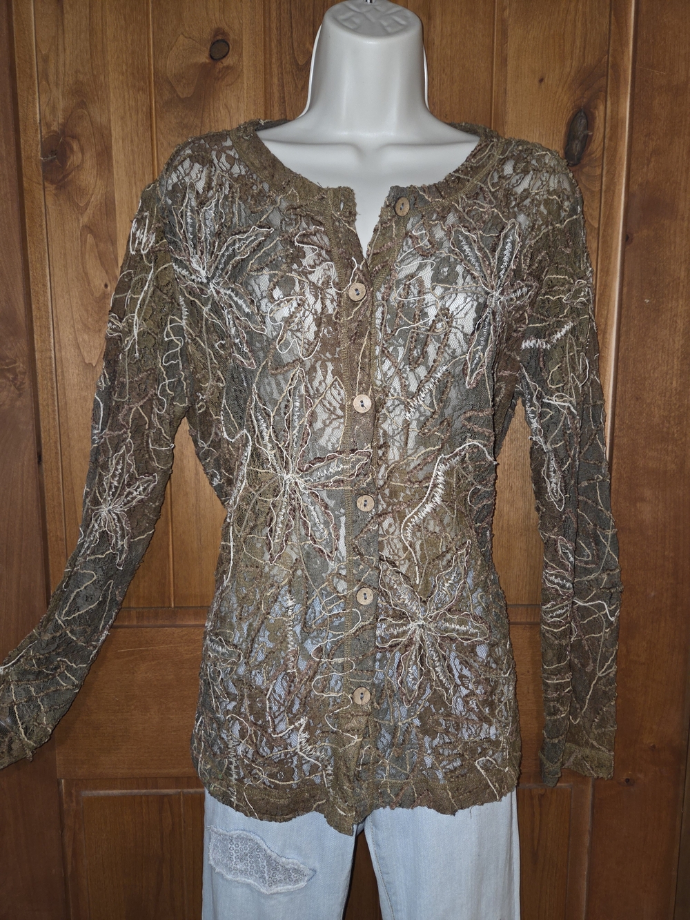 Laura Ashley Olive & Brown Sheer Embroidered‎ & Lace Button-Front Blouse